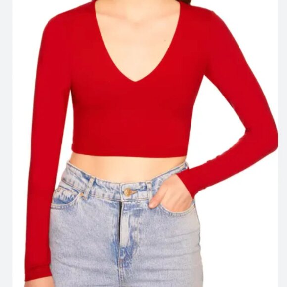 Bozzolo V-Neck Long Sleeve Crop Top Red Ribbed L - Picture 1 of 8
